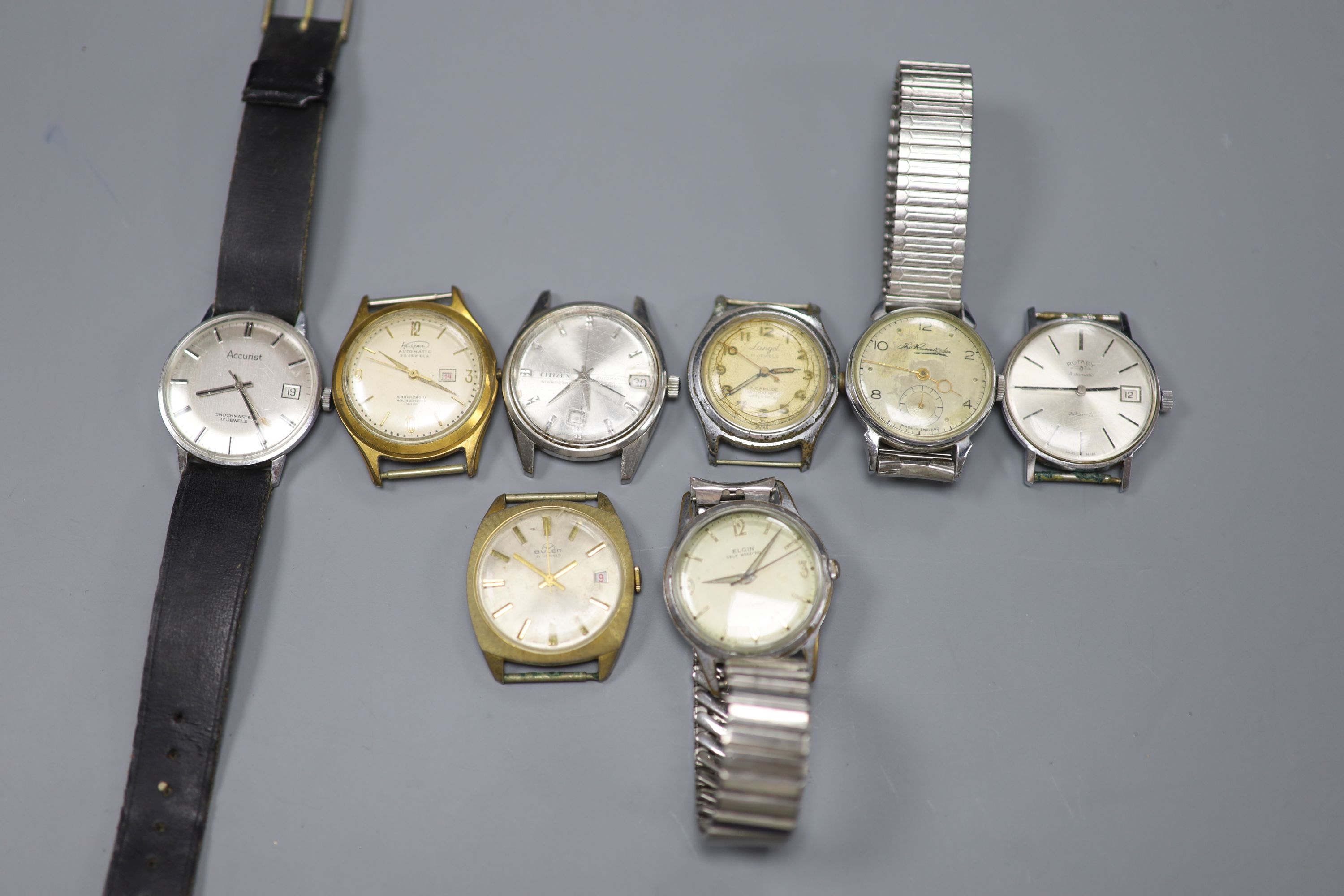 Eight assorted gentlemans wrist watches including Buler, Elgin & Rotary.